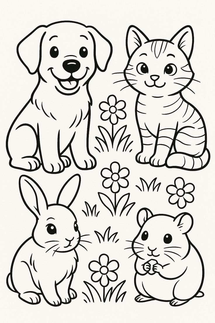 Раскраска для детей кошка, собачка, кролик и мышка