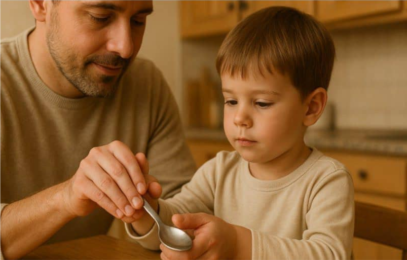 Отец и ребёнок выполняют действие «рука в руке» — тактильная поддержка для развития моторики и речи у детей с СДВГ или аутизмом