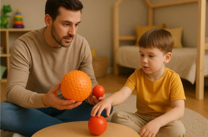 Отец показывает разницу между большим и маленьким мячом — наглядное обучение понятиям для детей с нарушением восприятия