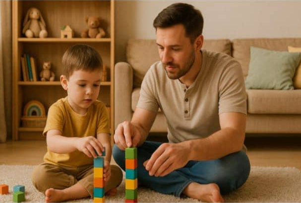 Родитель присоединяется к игре ребёнка в кубики — развитие коммуникации через совместную деятельность у детей 2–4 лет