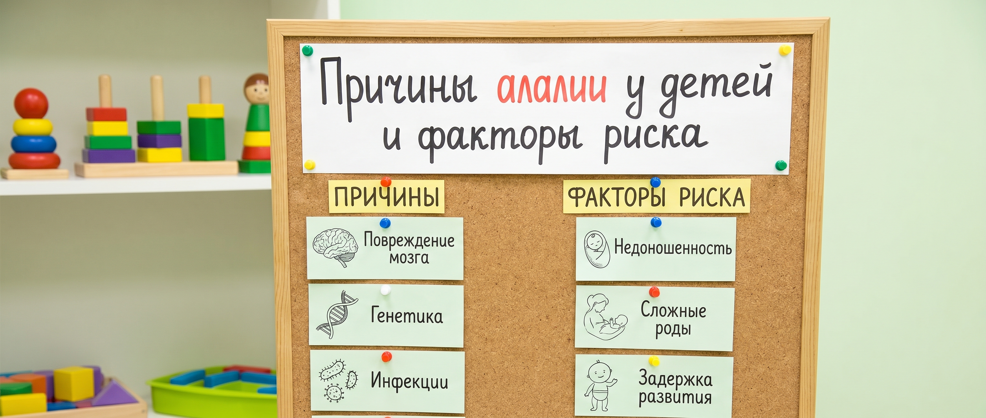 На доске написано "Причины алалии у детей"