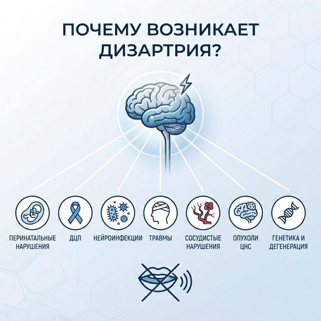 Ответ на вопрос: Почему возникает дизартрия?