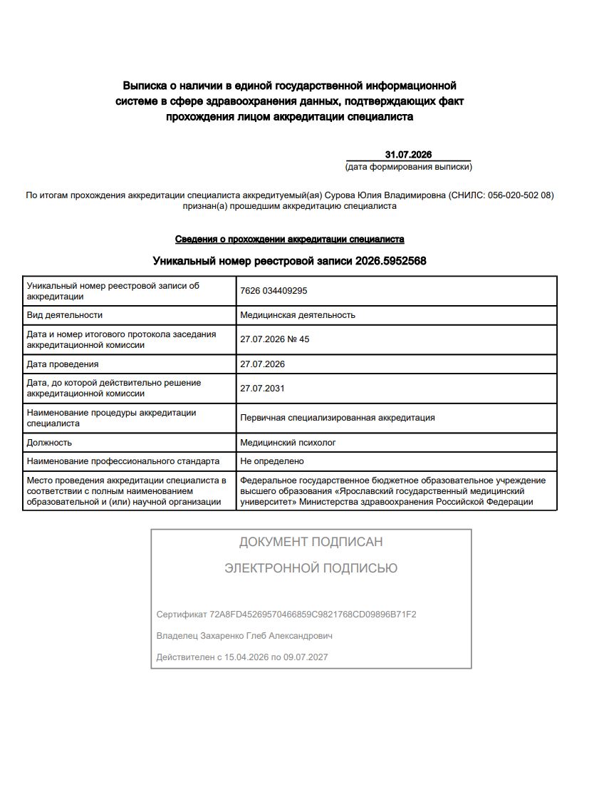 Сведения об аккредитации специалиста Сурова Юлия Владимировна, медицинский психолог